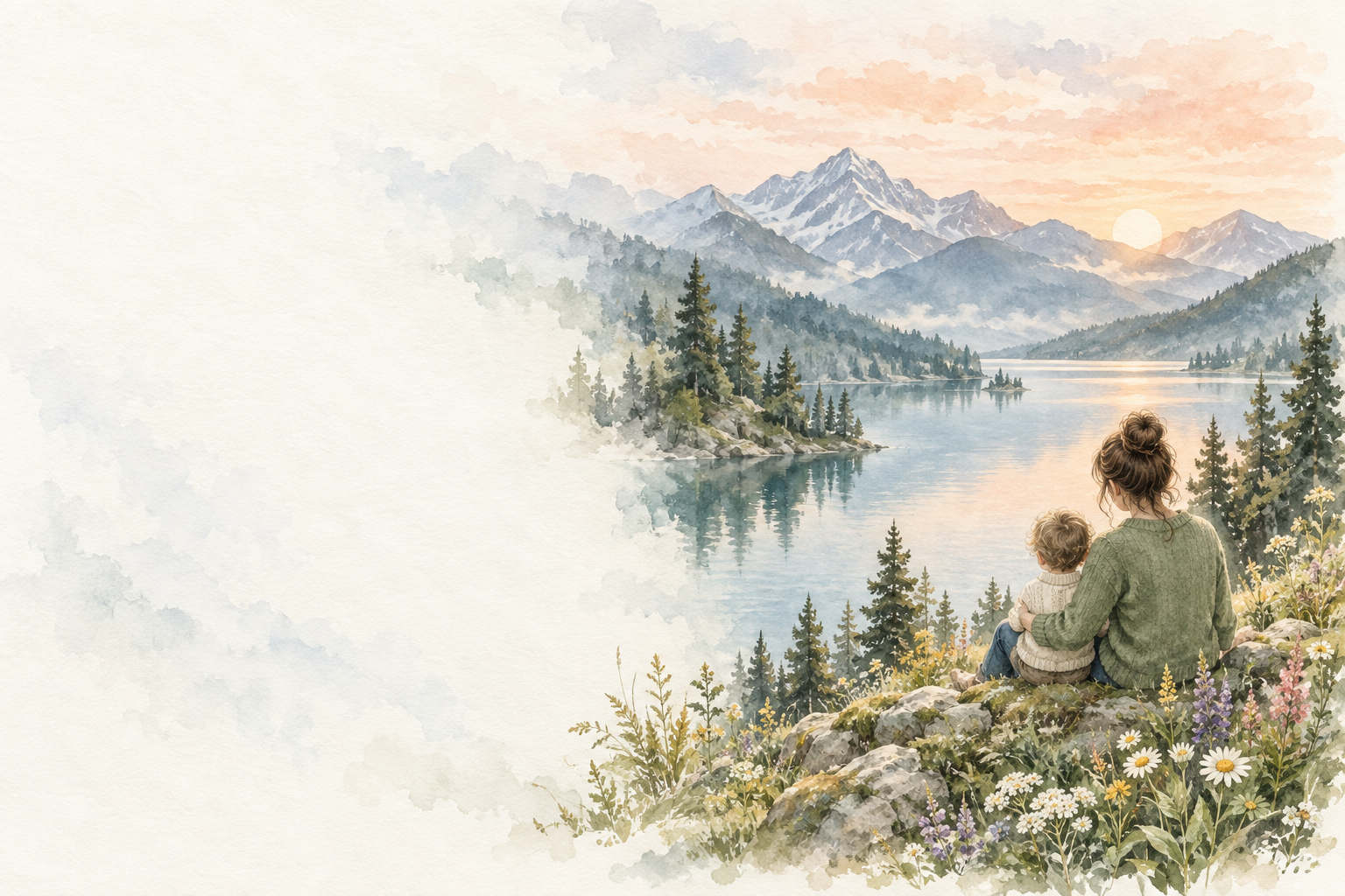 LifeProof Parenting watercolor scene of a parent and child overlooking a mountain lake